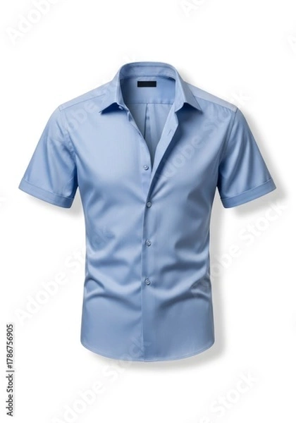 Fototapeta A neatly pressed periwinkle blue short-sleeved collared shirt with a subtle woven pattern displayed against a stark white background