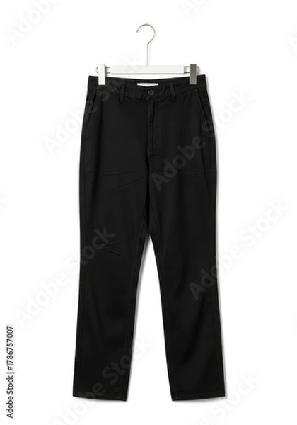 Fototapeta A pair of black pants hangs neatly on a white garment hanger against a pristine white background featuring a button closure and front pockets