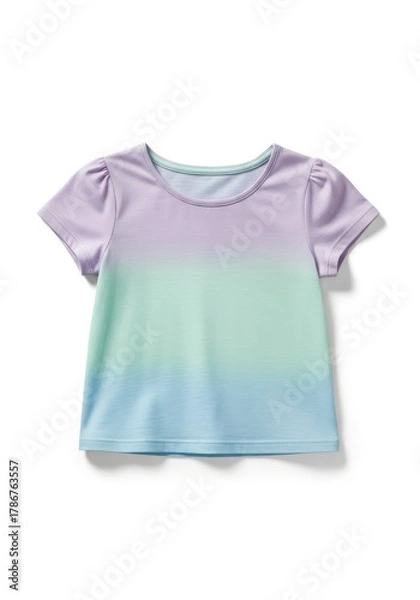 Fototapeta A short-sleeved childrens t-shirt features a vibrant purple mint green and sky blue ombre design It has a round neckline and slight puff sleeves