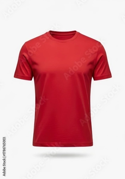 Fototapeta A vibrant red short-sleeved shirt with a crew neck featuring a subtle fabric texture is presented on a plain white surface