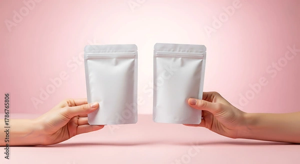 Fototapeta Hands Holding Blank White Bags on a Pink Background Ideal for Mockups and Product Presentation