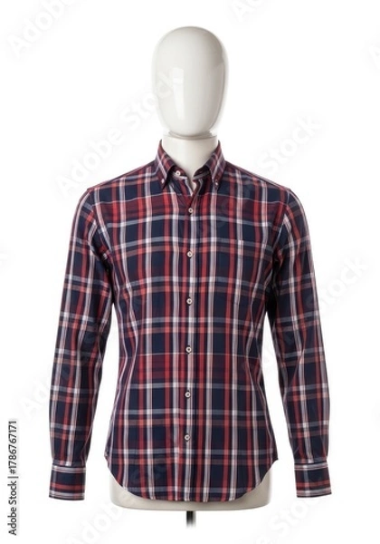 Fototapeta A white headless mannequin displays a long-sleeved plaid shirt with navy red and white checks featuring a button-down collar and front buttons on a white background