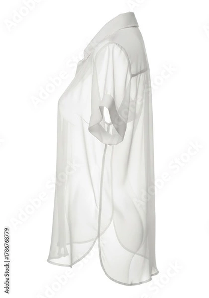 Fototapeta A white sheer short-sleeved collared blouse on a white background viewed from the side featuring a curved hemline and translucent fabric