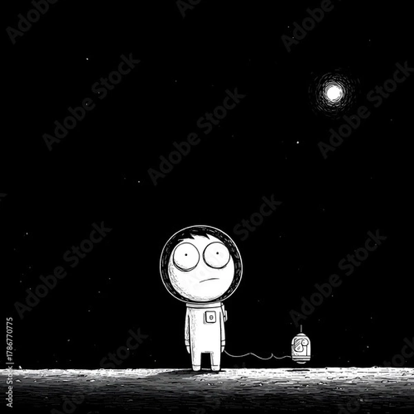 Obraz Stick figure astronaut floating in space, tethered to a spaceship, staring at a nearby planet. Wide eyes showing amazement. Minimalist space scene with solid black sky and bright planet. --s 250