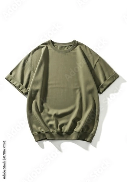Fototapeta An olive green oversized t-shirt with rolled sleeves and a gathered hem laid flat against a white background
