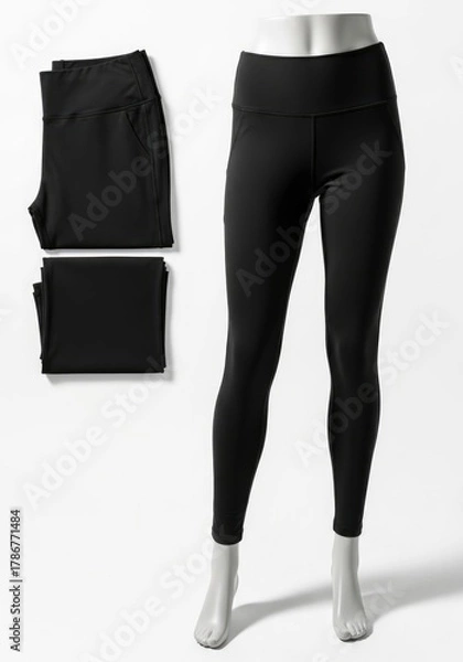 Fototapeta Black athletic leggings two folded one worn on a lower body mannequin Features a high waist and side seams set against a white background