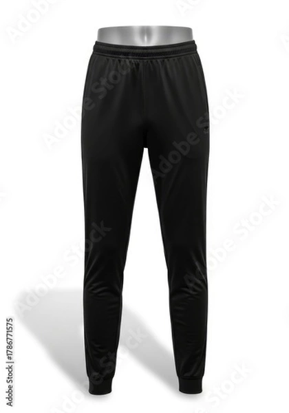 Fototapeta Black athletic trousers with an elastic waistband and ribbed cuffs are displayed on a mannequin against a white background casting a shadow
