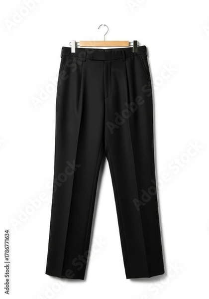 Fototapeta Black tailored trousers with pleats hanging on a clothes hanger with wooden and metal elements against a white background