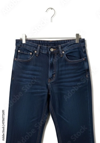 Fototapeta Dark blue denim trousers suspended by a metal hanger on a white background highlighting the garments top half with pockets and button closure