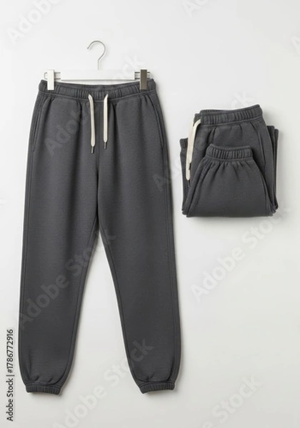 Fototapeta Dark grey jogger pants one hanging on a white hanger another neatly folded featuring an elastic waistband and off-white drawstrings