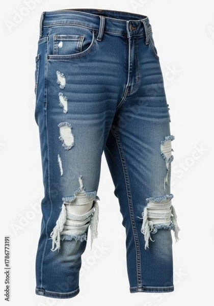 Fototapeta Distressed blue denim jeans featuring extensive rips revealing white threads on both legs along with faded patches and visible stitching presented against a white background