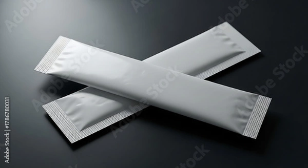 Fototapeta Blank white single-serving sachets, ideal packaging for instant coffee, tea, or nutritional supplements, presented on a minimalist dark background