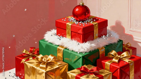 Fototapeta Stacked Christmas gift boxes in red, green, and gold with festive decorations and a red ornament on top