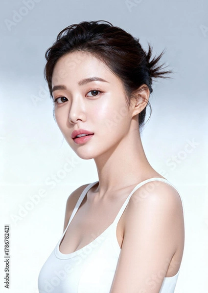 Fototapeta Portrait of a woman with neat hairstyle wearing a white tank top against a soft gradient background