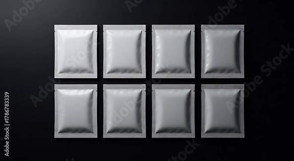 Obraz Precisely arranged array of eight blank silver foil sachets, ideal for showcasing product packaging design