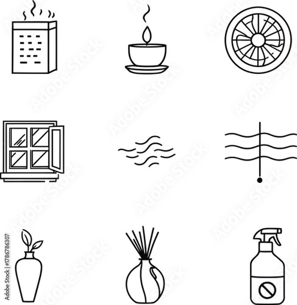 Fototapeta Collection of nine line art icons depicting air fresheners and related household elements in black and white