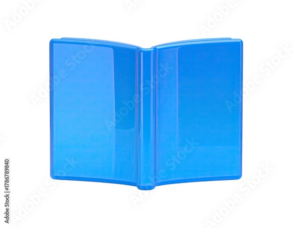 Fototapeta Open, glossy, solid blue book, facing forward on black backdrop