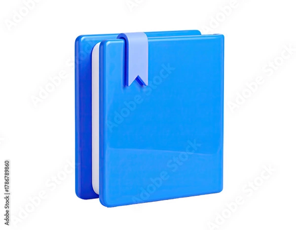Fototapeta Blue book with a ribbon bookmark, cartoonish and glossy render