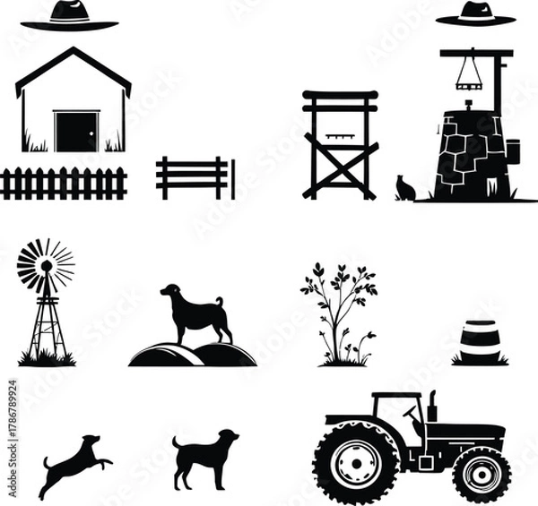 Fototapeta A collection of farm related objects in black silhouette including animals and farm equipment items