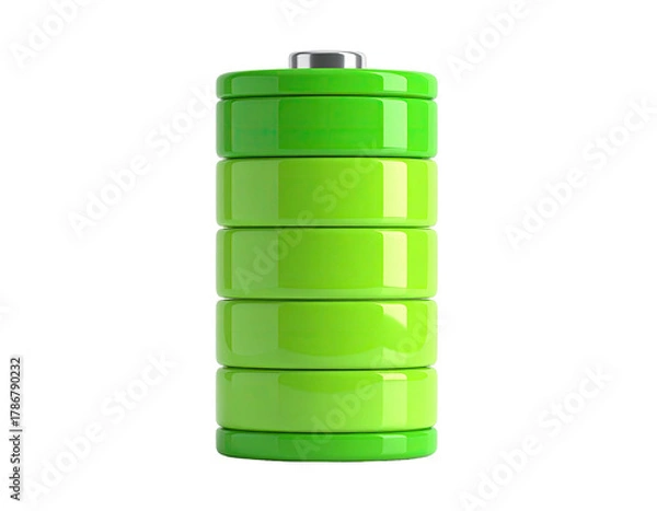 Fototapeta Charged green battery, segmented, glossy. Isolated on black