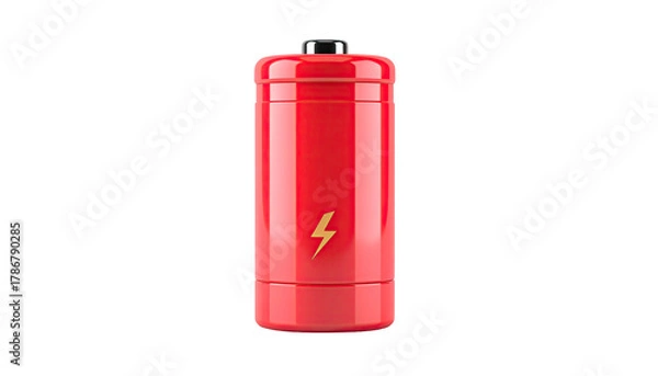 Fototapeta Red cylindrical battery with golden lightning bolt on black