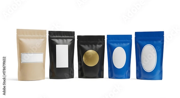 Fototapeta Various Stand-Up Pouches in Different Colors and Styles Isolated on a White Background