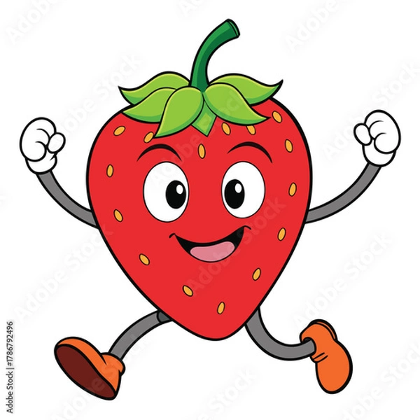 Fototapeta Running Strawberry Cartoon Character with Arms and Legs Smiling With Joy