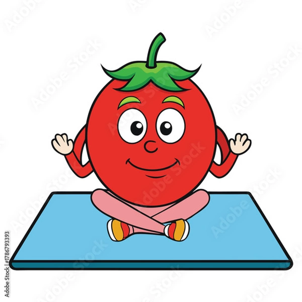 Fototapeta Tomato Cartoon Character Meditating on Yoga Mat in Lotus Position Smiling