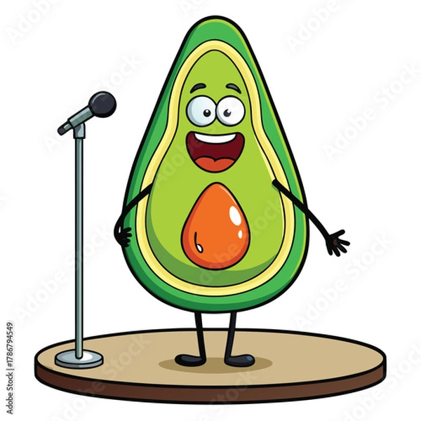 Fototapeta Funny avocado cartoon character singing karaoke on stage with microphone stand