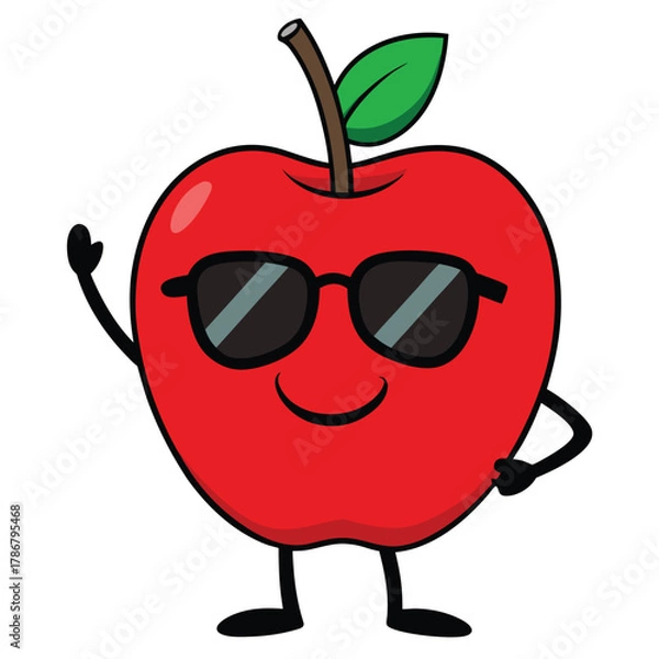 Fototapeta Happy Apple Cartoon Character with Sunglasses Waving Hand and Smiling Face