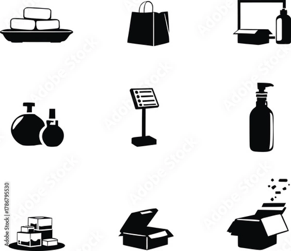 Fototapeta A collection of six black and white icons featuring soaps bottles boxes and a shopping bag isolated