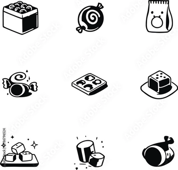 Fototapeta Collection of various sweets and candies in black and white vector illustration format style set