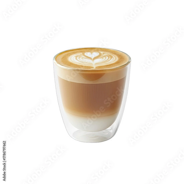 Fototapeta Layered Coffee Drink with Latte Art Heart Shape in a Clear Double Walled Glass on a Black Background