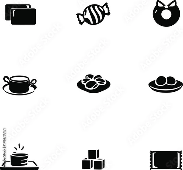 Fototapeta Nine black and white icons depicting sweets, drinks, and snacks arranged in a grid formation