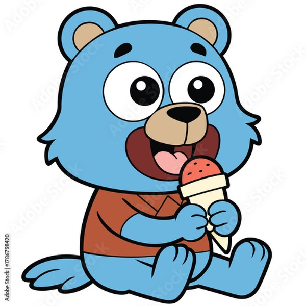 Fototapeta Happy Blue Bear Cartoon Character Eating Ice Cream Cone with Joyful Face