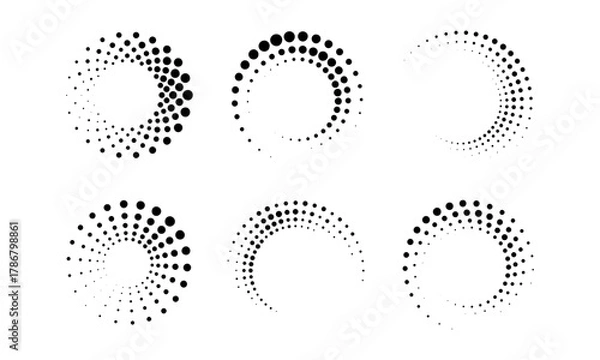 Obraz Abstract spiral dot patterns and circular halftone frames. Set of six monochrome geometric design elements