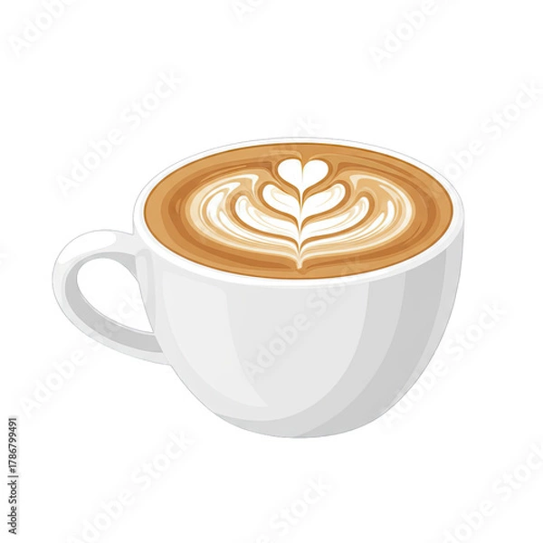 Fototapeta Flat design illustration of a white coffee cup filled with latte art featuring a delicate heart pattern and foam on a transparent background