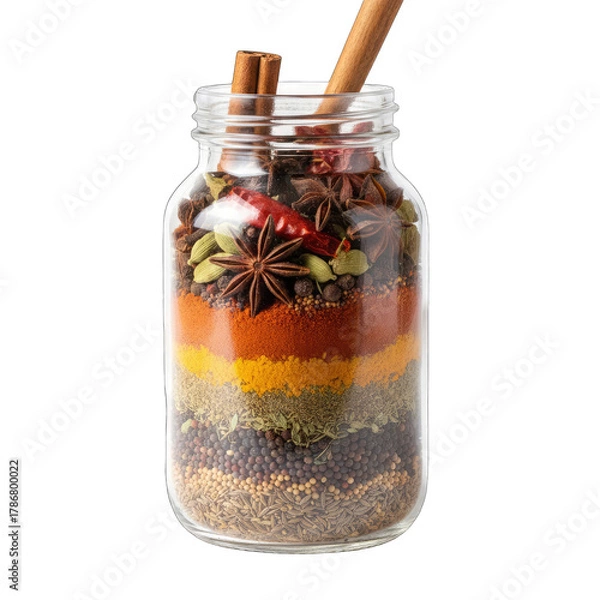 Fototapeta Glass Jar Filled With Layered Spices And Whole Herbs Isolated On A Transparent Background With Soft Studio Lighting