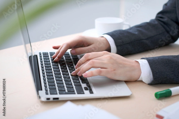 Fototapeta Close-up of business woman  hands  typing on  laptop computer in the white colored office.