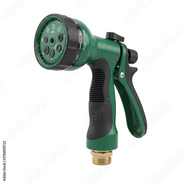 Fototapeta Green garden hose nozzle with multiple spray settings and brass connector isolated on a black background with studio lighting