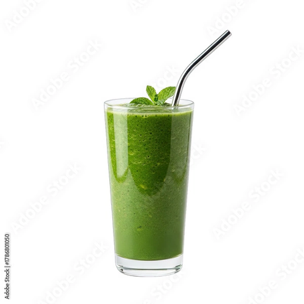 Fototapeta Healthy Green Smoothie With Mint And Metal Straw In A Tall Glass On A Transparent Background With Soft Lighting