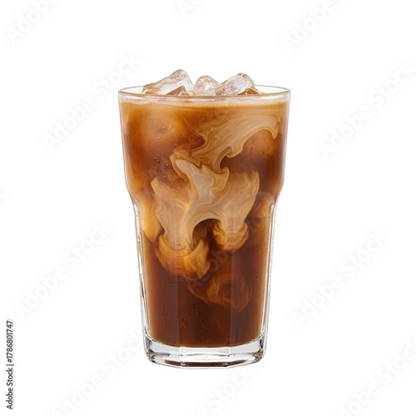 Fototapeta Iced coffee with cream and ice cubes in a tall glass against a black background with studio lighting creating a dramatic swirl effect.