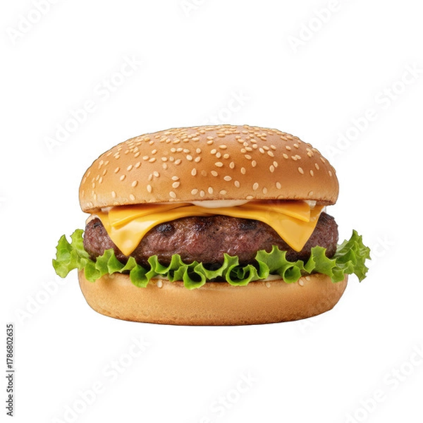Fototapeta Isolated Juicy Cheeseburger With Sesame Seed Bun Crisp Lettuce And Melted Cheese On Transparent Background