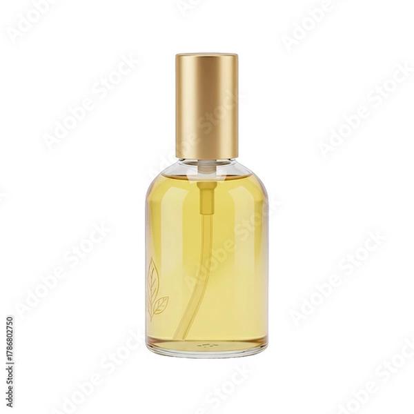 Fototapeta Isolated Perfume Bottle With Golden Cap and Yellow Liquid Captured With Soft Studio Lighting On Transparent Background
