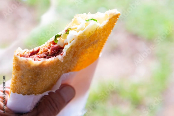 Obraz Crispy Brazilian Pastel with Shredded Beef and Cheese