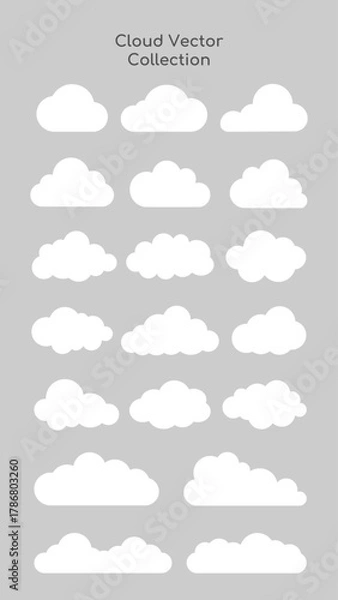 Fototapeta Cloud vector collection on gray background. Features 18 cloud vector designs. Simple cloud vector shapes for graphic design. Cloud vector set for creativity. Weather illustration, vector set.