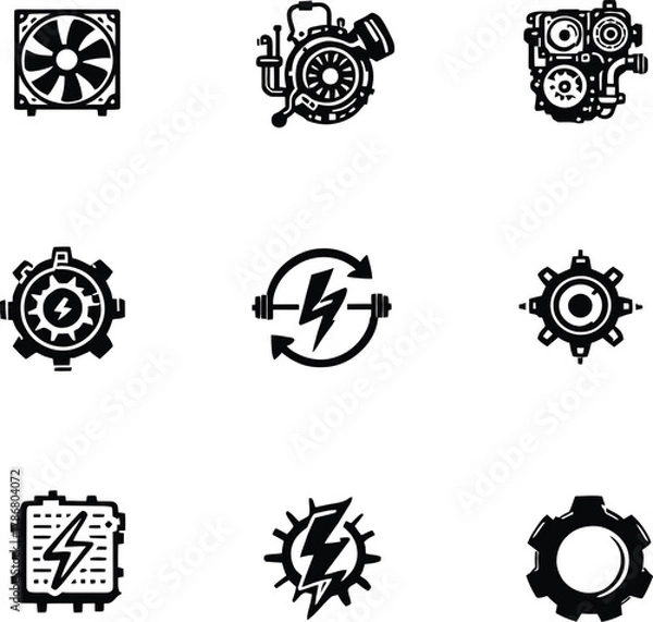 Fototapeta Collection of nine black and white icons depicting mechanical and electrical components in a grid layout