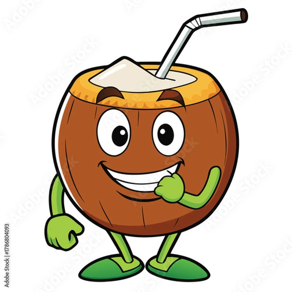 Fototapeta Cartoon happy coconut character with straw vector illustration isolated on white