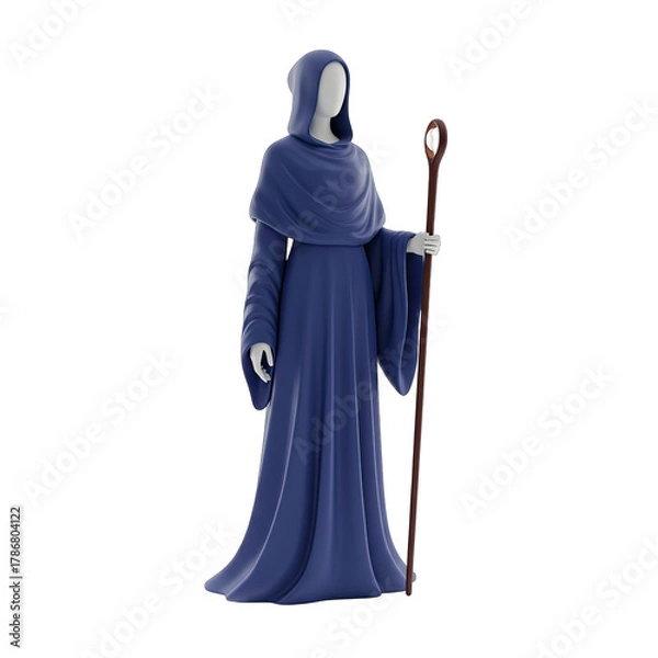 Fototapeta Mysterious hooded figure in flowing blue robe holding a staff with a glowing orb standing against a transparent background with soft lighting