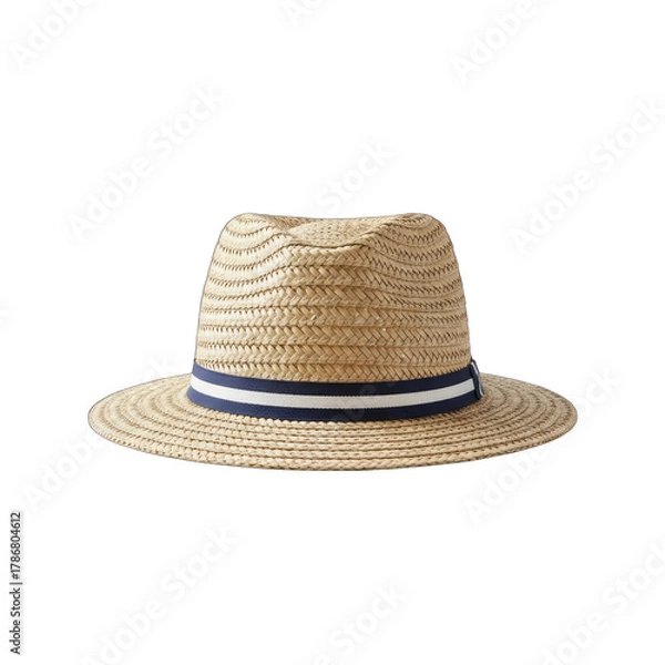 Fototapeta Natural Straw Fedora Hat with Blue and White Striped Ribbon Band Isolated on Black Background Minimalist Accessory for Summer Fashion
